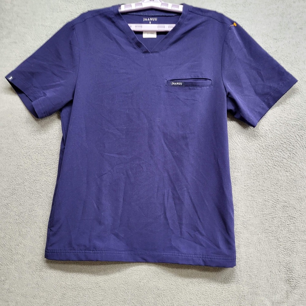 Jaanuu Women Scrub Top Small Navy Blue V Neck Short Sleeve Pockets
